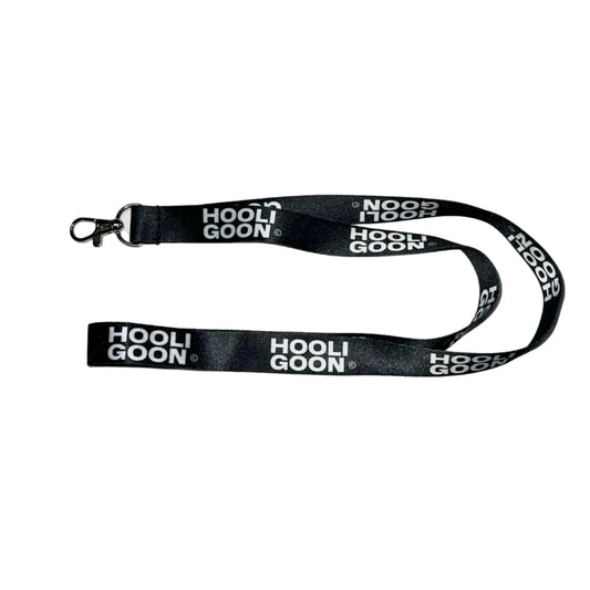 Black lanyard with 'Hooligoon' text on a white background
