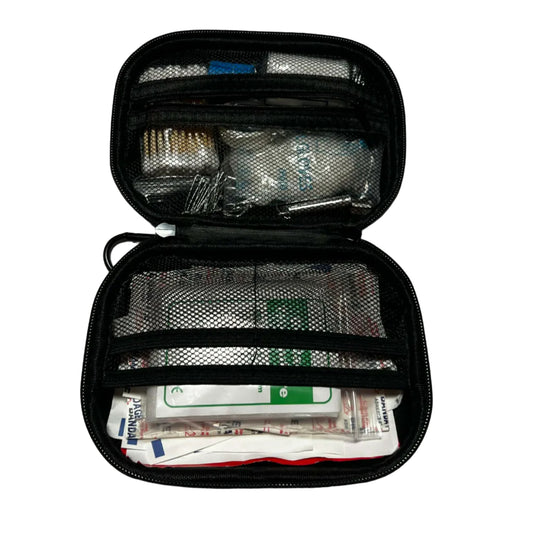 Open black travel case with compartments on a white background