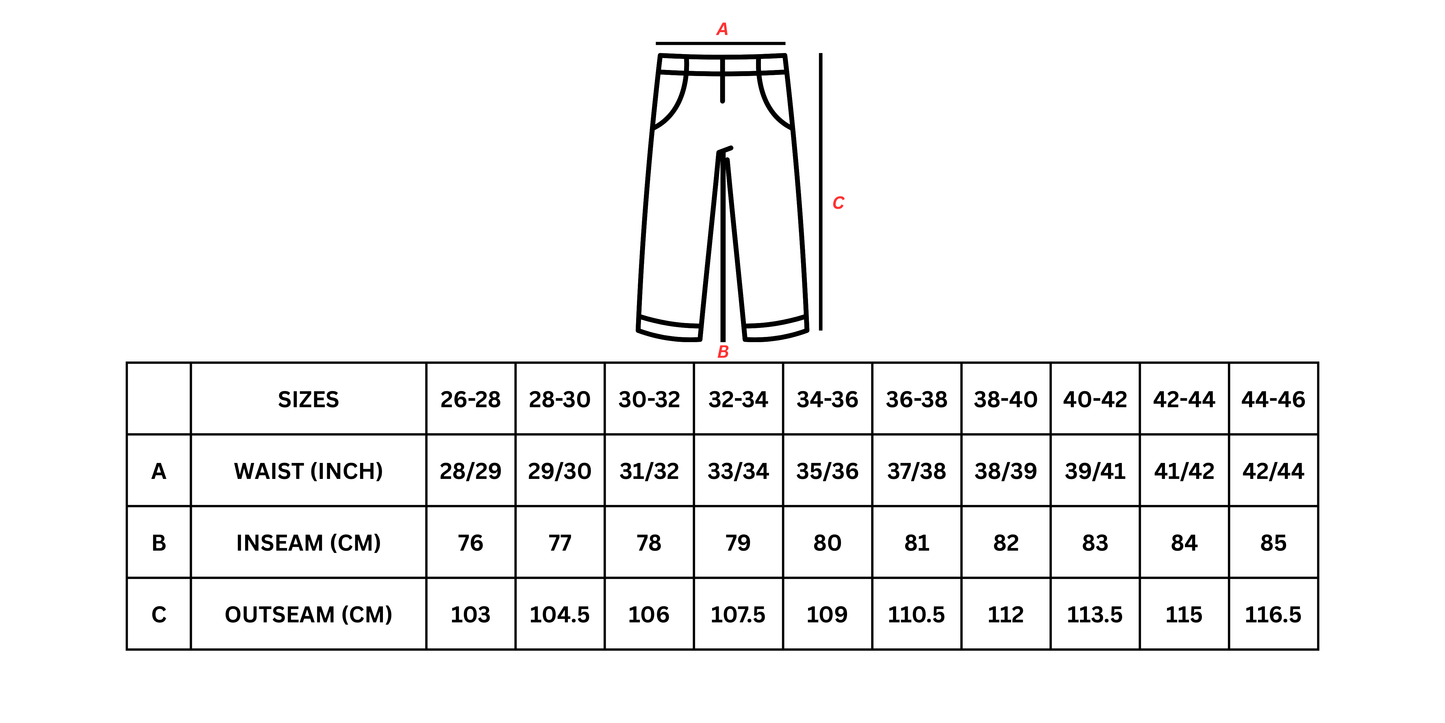 Pants size chart with measurements on a white background