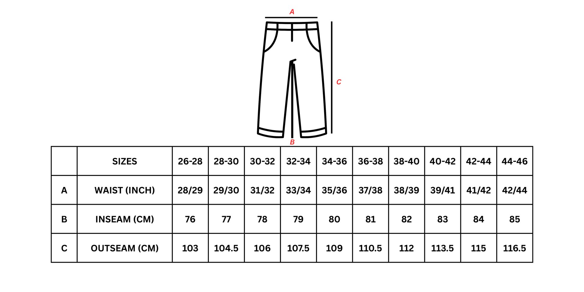 Pants size chart with measurements on a white background