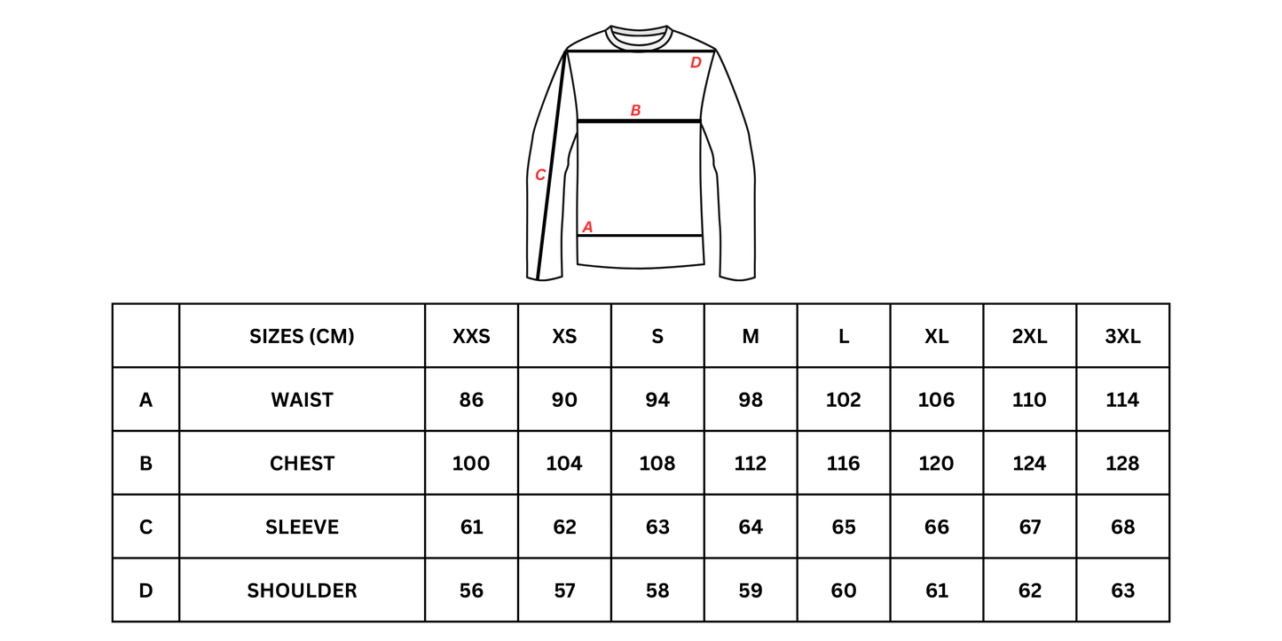 Measurement chart for a long-sleeve shirt with size guide in centimeters