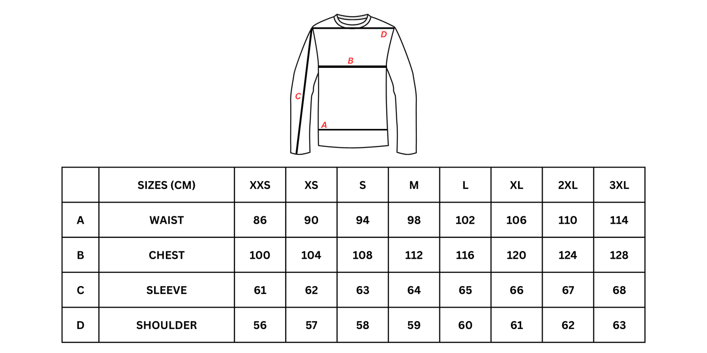 Measurement chart for a long-sleeve shirt with size guide in centimeters