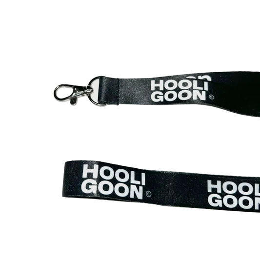 Black lanyard with 'Hooligoon' branding on a white background
