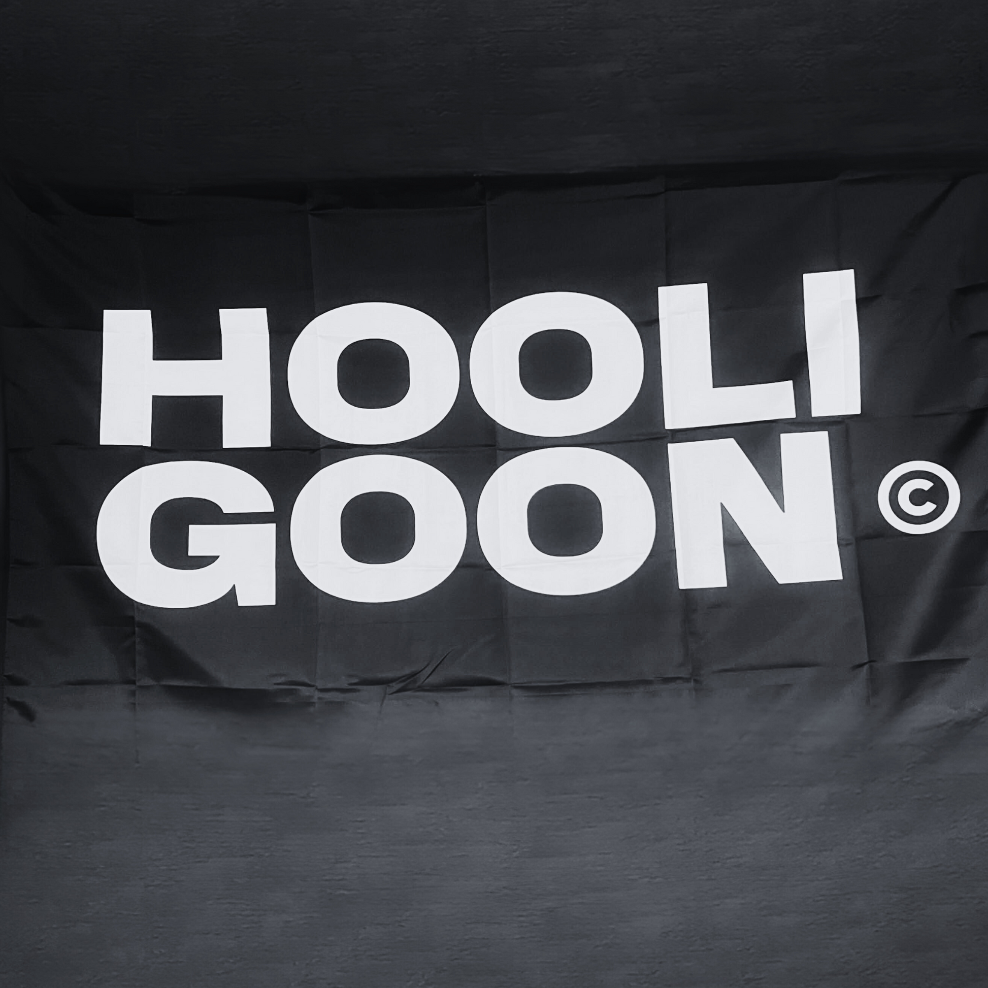 Black flag with 'HOOLIGOON' text on a dark background