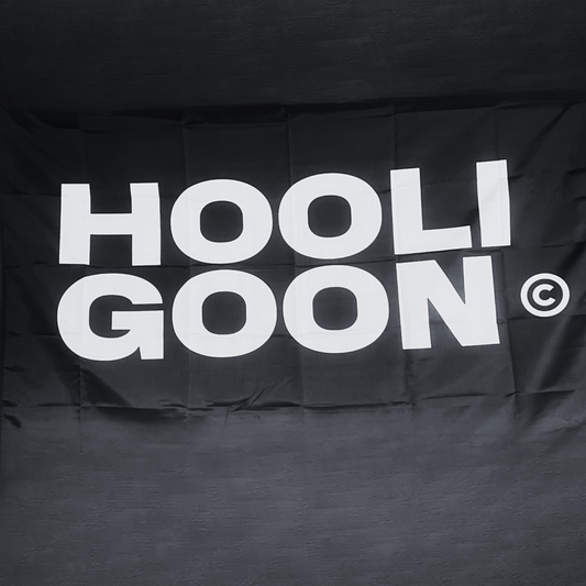 Black flag with 'HOOLIGOON' text on a dark background