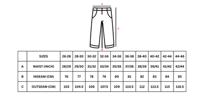 Pants size chart with measurements on a white background