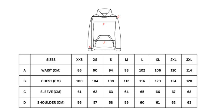 Size chart for a hoodie with measurements in centimeters