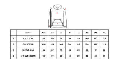 Size chart for a hoodie with measurements in centimeters