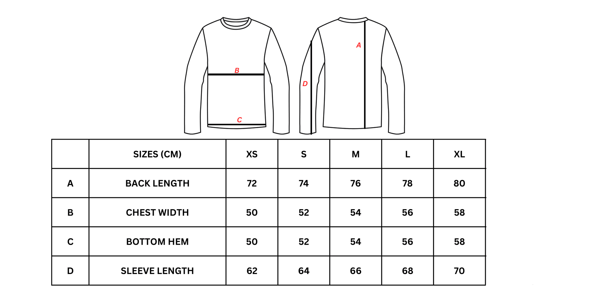 Measurement chart for a long-sleeve shirt with size chart on a white background