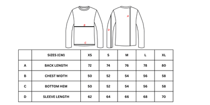 Measurement chart for a long-sleeve shirt with size chart on a white background