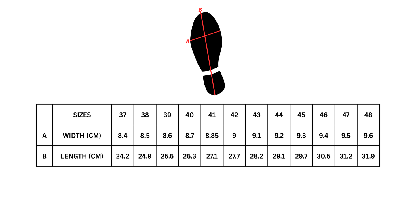 Shoe size chart with a shoe silhouette and measurements.